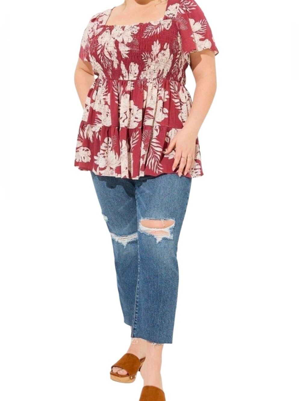 Torrid Babydoll Washable Gauze Smocked Tiered Top Tropical Floral Print 3X